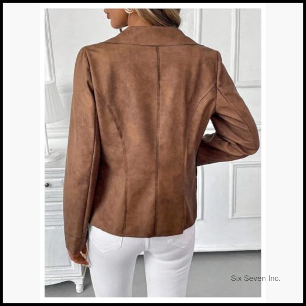 Faux Suede Blazer Jacket with Notch Collar and Open Front - Picture 3 of 5